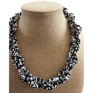 CG Black and White Braided Seed Bead‎ Multi Strand Twisted Rope Necklace Chunky